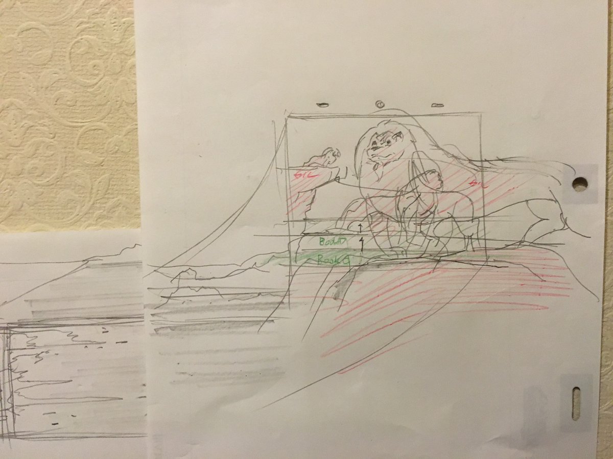 渡部高志 オープニングの冒頭カット Bgレイアウトのサイズを割り出した ラフだが 左は全体図 右上は滝へのpandown 観音 Bookが左右にはけていく 左下は岩の上のレオ回りこみ作画tb 地平線密着マルチ 滝の落下部分はセルに見えるがbg スタート