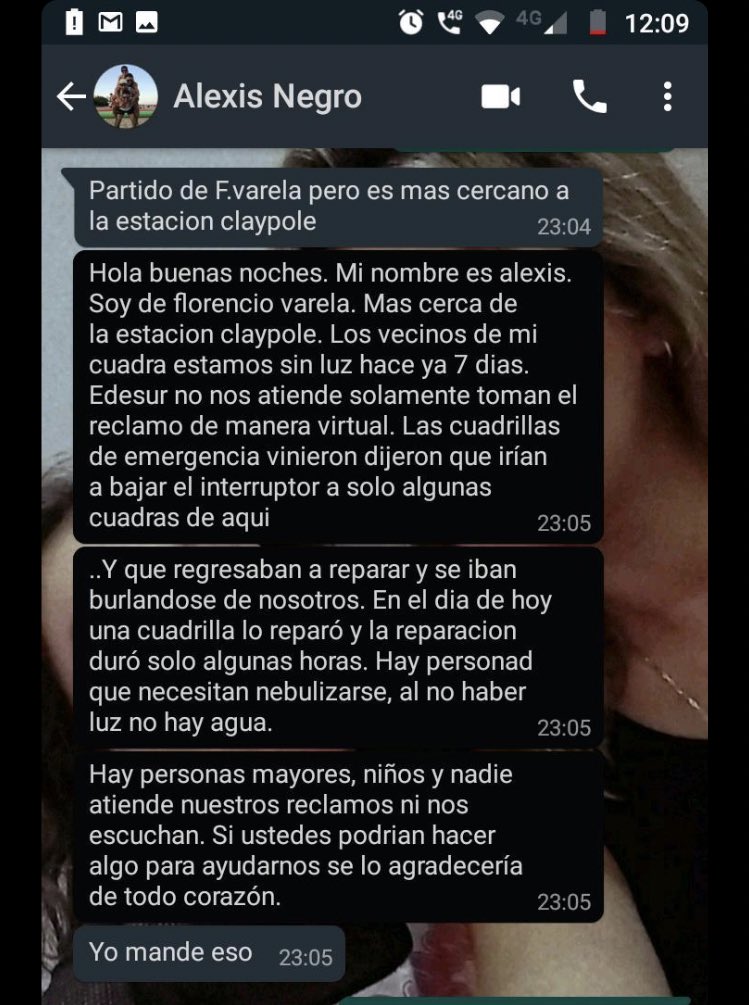 Alex vive en Florencio Varela, cerca de la estación de Claypole!Sin luz hace 7 días!Alimentos cero calefacción cero!Hay un montón de niños y adultos q la está pasando muy mal!No nos dan bola de Edesur para nada ni nadie y ya no sabemos que hacer para ayudarlos! 
<a href="/OficialEdesur/">Edesur Argentina</a>
