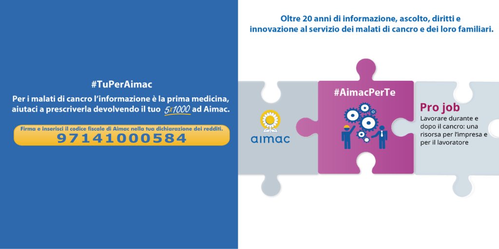 aimac_it's tweet photo. #AimacPerTe
👷#Projob è un modello di intervento replicabile in ogni contesto aziendale per promuovere l'inclusione dei lavoratori malati di cancro nel mondo produttivo.
#TuPerAimac Dona il tuo #5x1000 per aiutarci a costruire un pezzettino del🧩puzzle della terapia #informativa! https://t.co/liIBsqPCbJ