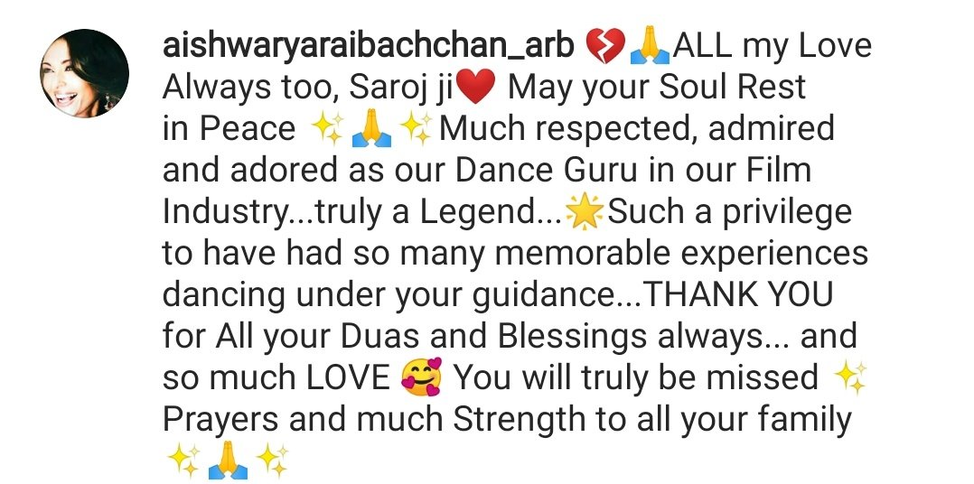 From Aishwarya Rai's instagarm. Saroj ji we all will miss you. ☹️
#RIPSarojKhan 
#AishwaryaRaiBachchan