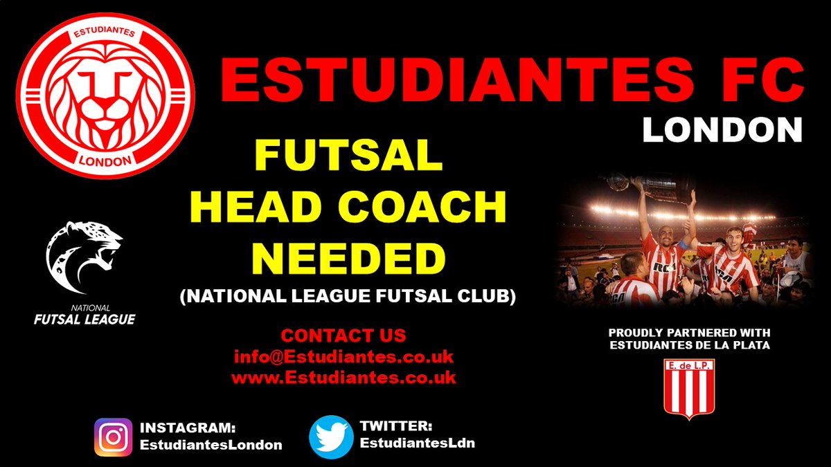 EstudiantesLdn's tweet photo. Head coach needed for National League Futsal Club. 

Please share this with anyone who may be interested. https://t.co/gssJSnnvKc