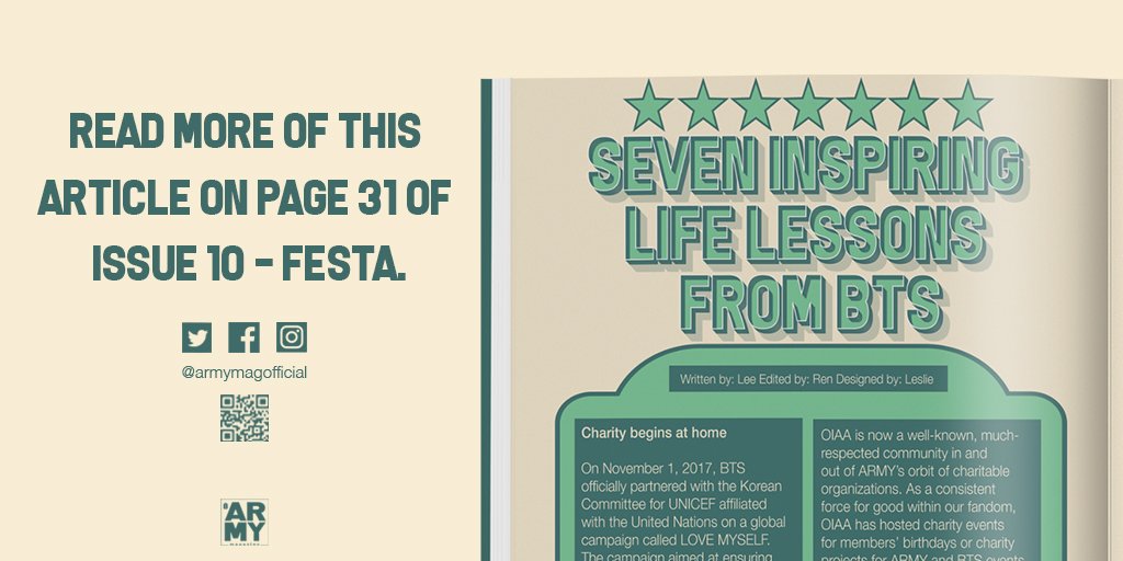 ARMYMAGofficial's tweet photo. #ARMYMAGAZINE's latest #FESTA_ISSUE10 applauds @BTS_twt who has inspired as well as encouraged #BTSARMY in so many ways!💜

Read the lovely article about "Seven Inspiring Life Lessons From #BTS" in the #AM_ISSUE10 out now!👇

🔗https://t.co/Jyx44uoCU7

#FESTA
#ISSUE10
#방탄소년단 https://t.co/9PVCCgrEuB