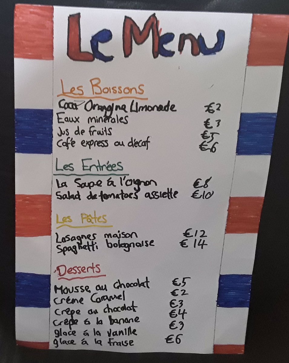 MFLwithMrsM's tweet photo. Incredible work from my Y4s today creating French menus. French week has been a success @StThomasCofE all shared using @Showbie #mfltwitterati #mflchat #primaryfrench #homelearning https://t.co/SnBAB4L5ZS