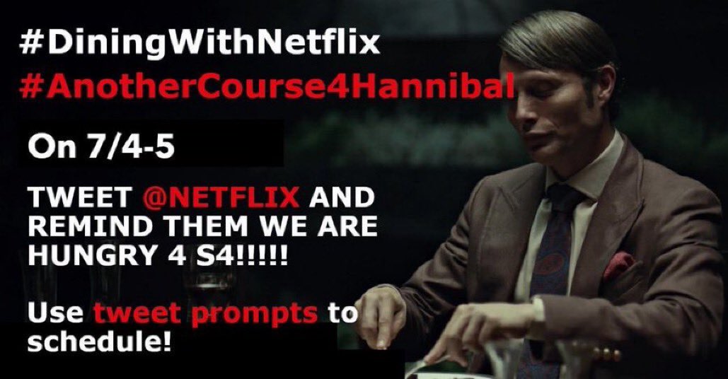 FannibalMovemnt's tweet photo. IF YOU ARE GETTING HUNGRY FOR THE #HannibalReunion AND MISSING OUR #DiningWithNetflix REWATCH!!!! TAKE THE TIME AND MAKE SOME #ANOTHERCOURSE4HANNIBAL TWEETS @NETFLIX THIS WEEKEND!!!!! 

Tweet prompts can be found here: https://t.co/oTLo6hrvpo #hannibal #fannibals https://t.co/1putcC3jwD