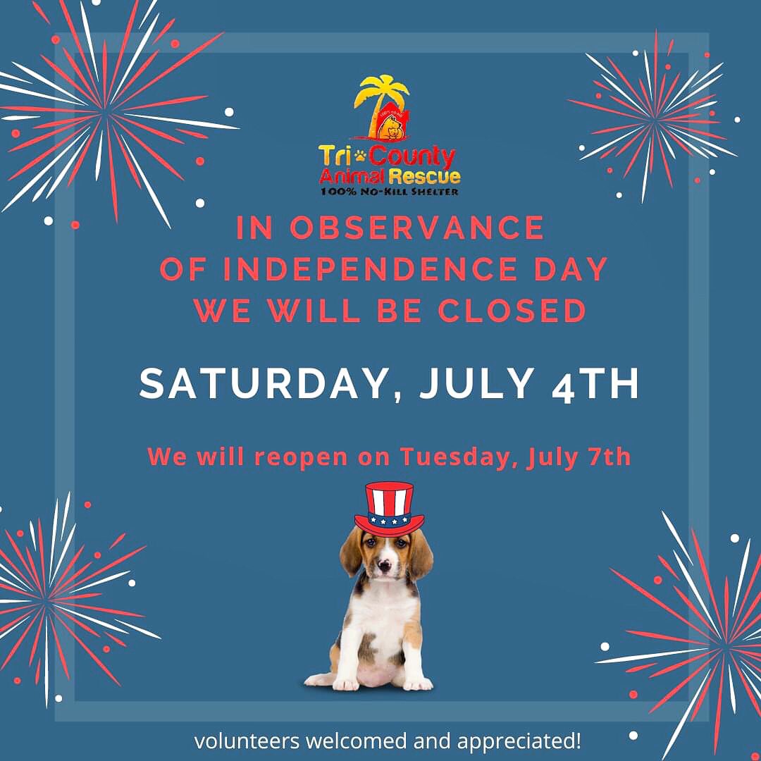 We will be closed tomorrow, Saturday July 4th! As always, volunteers are always welcomed and appreciated. We hope you have a safe and happy holiday weekend 🇺🇸