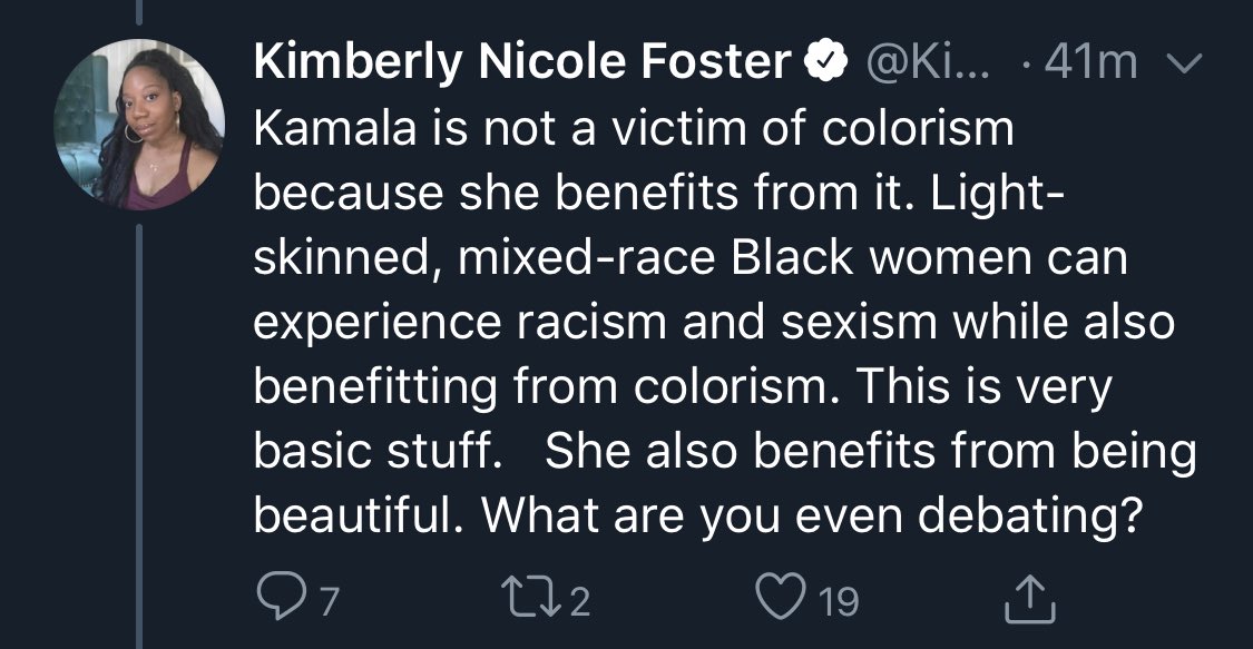 I have been other’d by women like Kimberly my entire life. Bothered me until I started telling folks to kiss my BLACK azz. Somehow that did the trick.Colorism is real, sisters. NO DOUBT. But racism is also real. Can we acknowledge both and stop tearing each other to shreds?