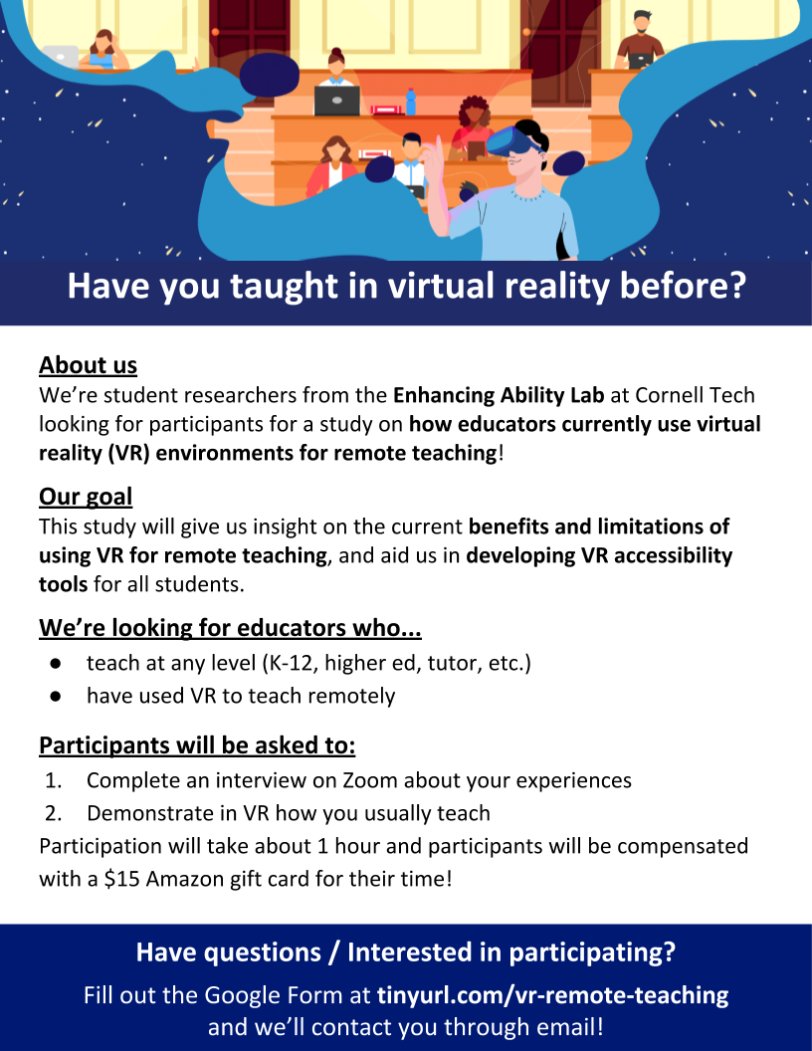 EducatorsVR's tweet image. #HelpAResearcher Researchers from the Enhancing Ability Lab @Cornell_Tech are seeking participants for a study on how educators are using VR environments for remote teaching. Interested in participating and/or learning more? bit.ly/3inDJJM