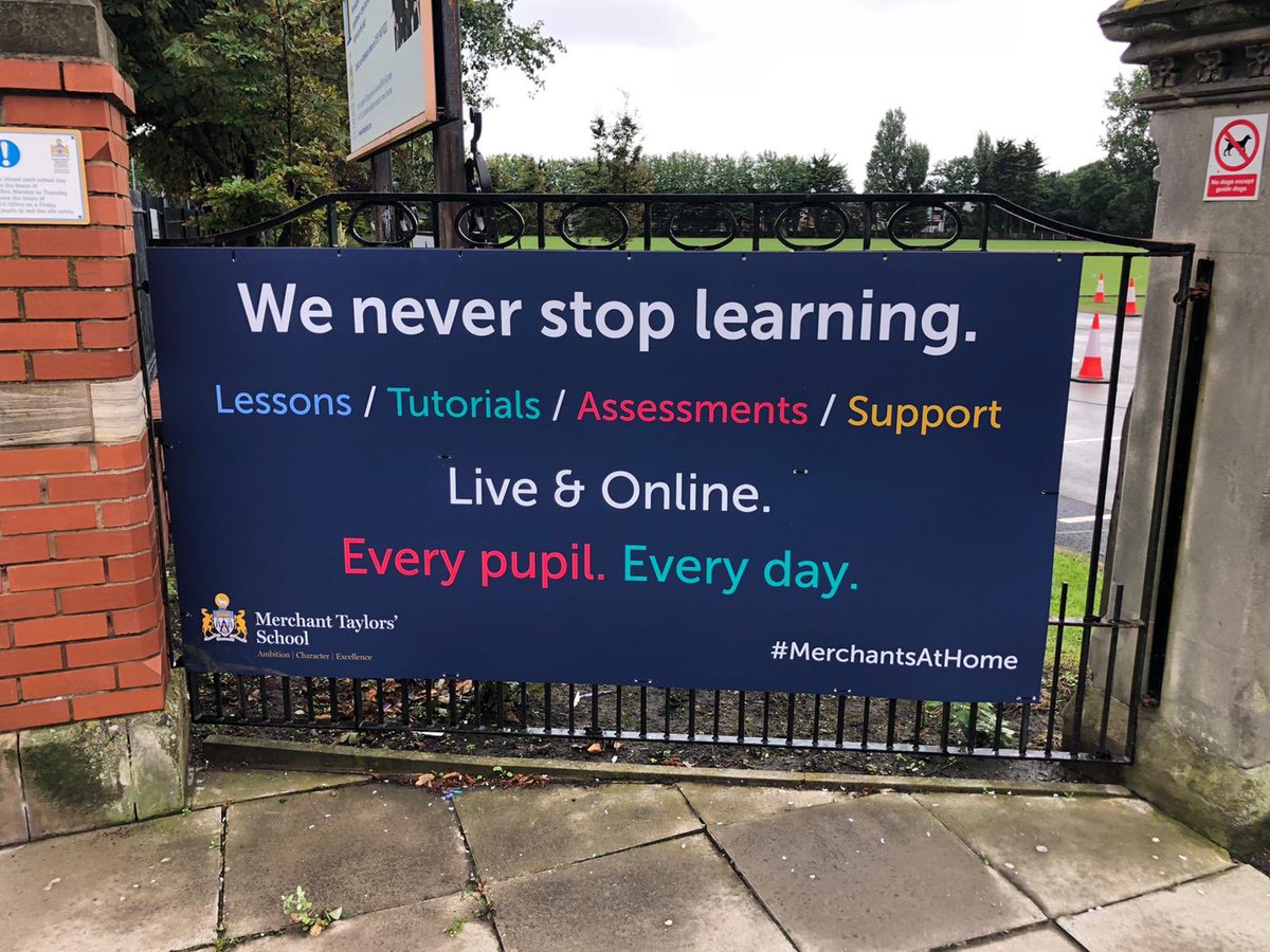 MerchantsCrosby's tweet photo. Our new banners outside school say it all. Well done to all of our teachers and support staff who make sure Merchant Taylors’ pupils never stop learning. 👏

#merchantsathome https://t.co/fRJoG9MuDp