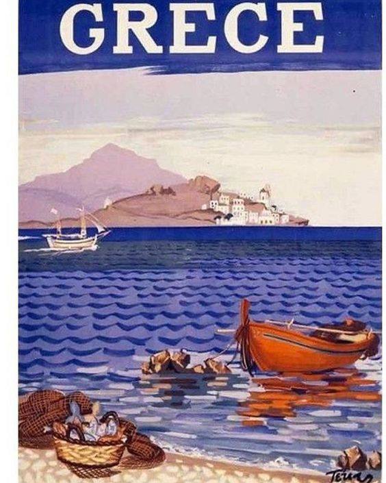 Great summer of chalk/Great summer of cork/The red sails slanting in guts of wind/On the sea-floor white creatures, sponges/Accordions on the rocks #OdysseusElytis with #PanayiotisTetsis poster for the National Tourism Organization c. 1949 #summer #tetsis #art #culture #Greece
