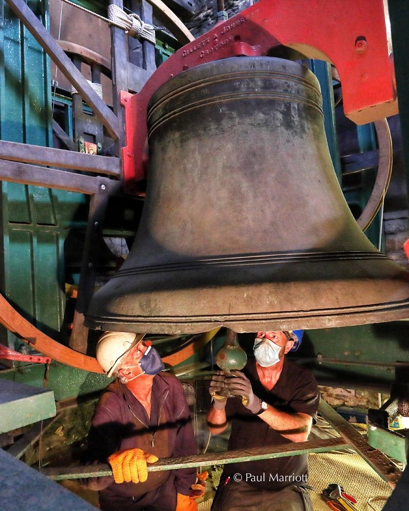 marriottphotos1's tweet photo. Colin Weld and Nick Elks check the tenor bell in St. John the Baptist, Peterborough, ready for when it will be allowed to be rung again #bell #bellringer #bellringers #churchbell #tenorbell #belfry #belltower  #church #stjohnspbrough #peterboroughchurches  #picoftheday #potd https://t.co/oBTDlpcFqW