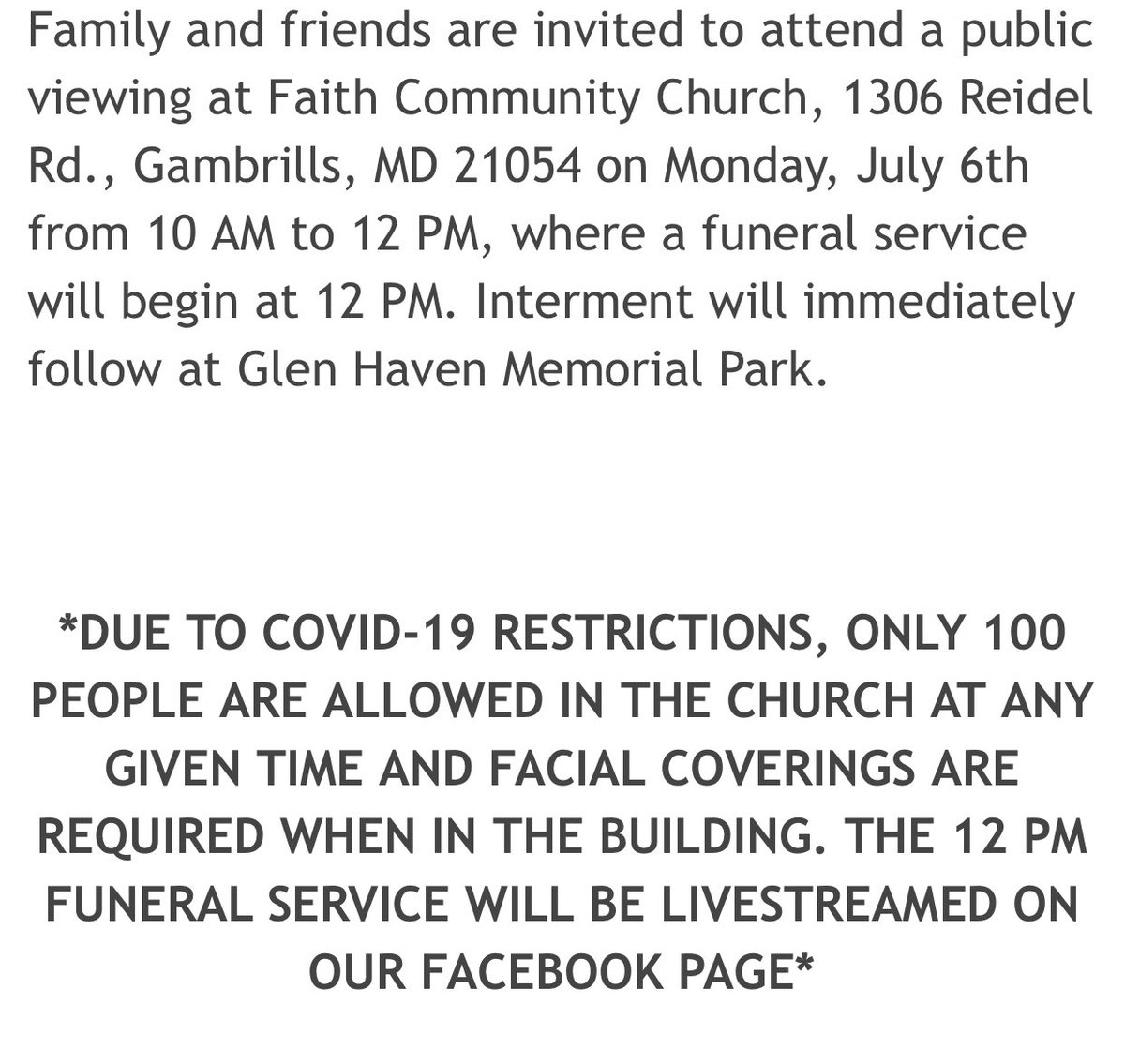NCHSUnified's tweet photo. Here are the arrangements for, Justin. The family is requesting no one to dress up, instead to wear Ravens, Cubs or Marvel clothing. #staystronglee https://t.co/cAwhZnt9PN