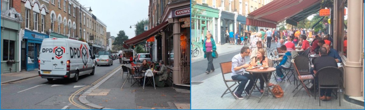 Bow can never be Westfield/Bluewater in terms of lavish parking capacity. But we can mimic one aspect - pleasant, non-car-dominated surroundings. Here's a before and after of Orford Rd, E17, (nicked from  https://bit.ly/2DaPUtD ). Where'd you rather linger?
