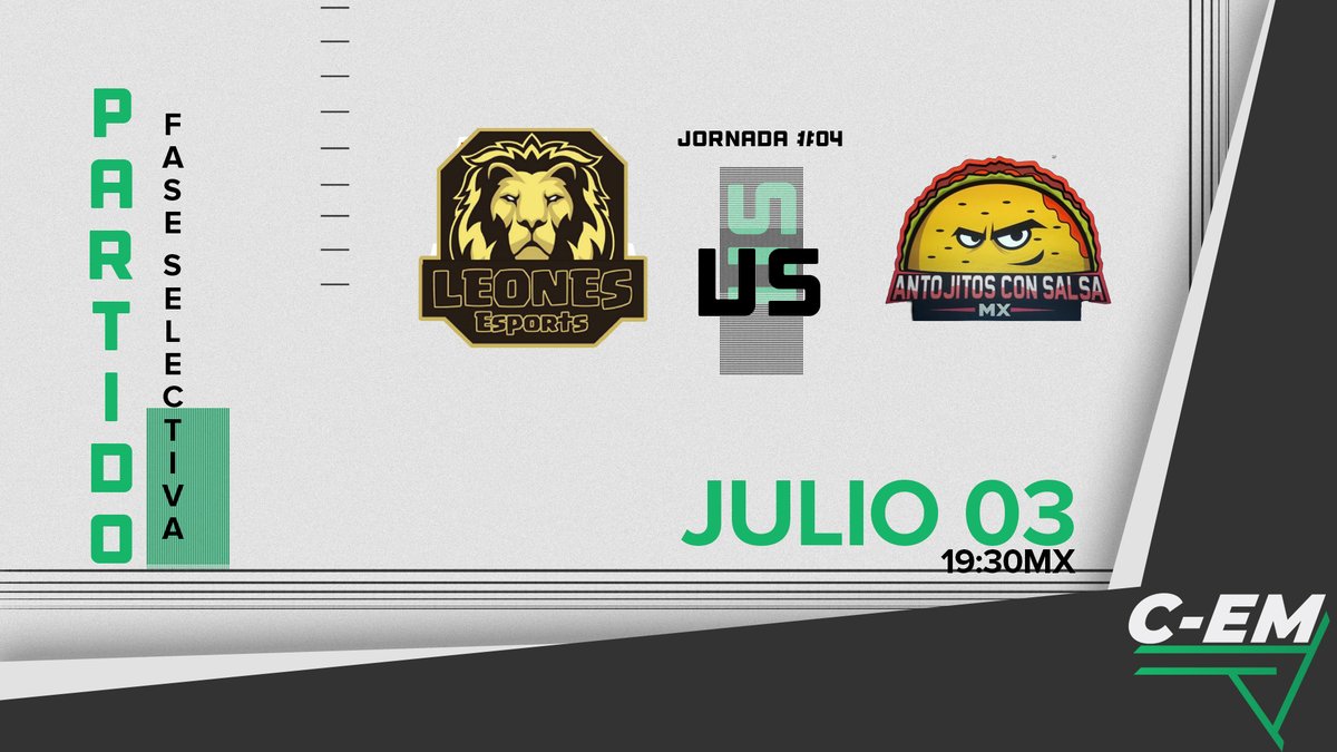 #CEM ⌠ Match day

Terminaremos la jornada con estos encuentros emocionantes. Cada vez se va notando más la superioridad de unos equipos...

🏆 Jornada 04

⚔️ @WendGG 🆚 @AntojitosMx1
⏰ 19:00🇲🇽▪️ 21:00🇦🇷

⚔️ <a href="/EsportsLeonesCR/">Leones eSports</a> 🆚 @AntojitosMx1
⏰ 19:30🇲🇽▪️ 21:30🇦🇷