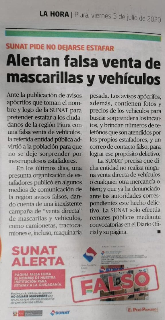 SUNATOficial's tweet photo. 🚨 #SunatAlerta a la ciudadanía de #Piura para NO DEJARSE ESTAFAR con el cuento de la “venta directa” de mascarillas y vehículos: https://t.co/0B9vJsG3hB
No ofrecemos remates ni adjudicaciones vía Whatsapp o correos electrónicos.
Infórmate en nuestra web:  https://t.co/eTX5JkOc2t https://t.co/xbA5ZXwffS