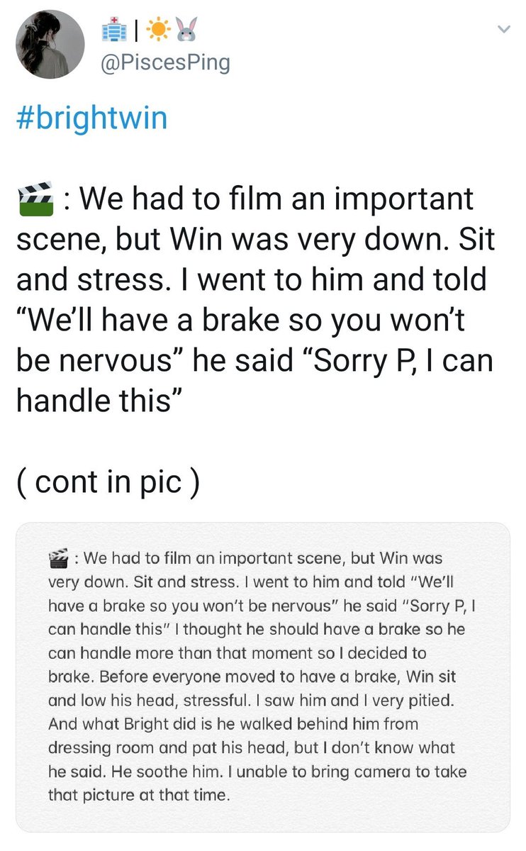  on a more serious note, bright also uses direct physical interaction as his means to convey something without needing words such as when win got stressed over a scene in 2gether. (Cr.  @PiscesPing)