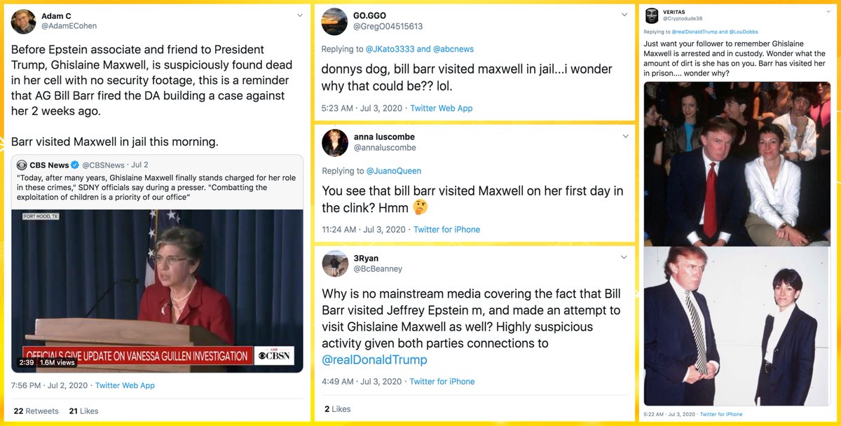 A few variations on the "Barr visited Maxwell in jail" narrative have emerged. Three examples:• Barr tried to visit Maxwell but her lawyer prevented it (this is the original version)• Barr actually visited Maxwell• Why isn't the media covering this?