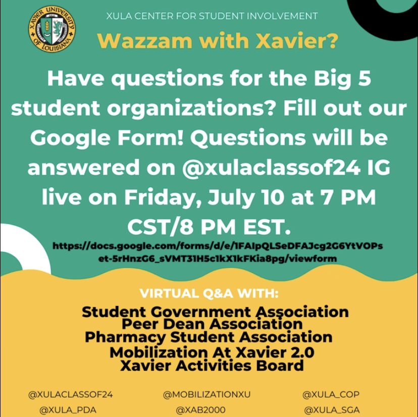 xavierclassof24's tweet photo. Have a question for the Big 5 Council? Fill out our Google Form! Questions will be answered on @xulaclassof24 IG on Friday July 10th at 7PM CST. The link is posted below! https://t.co/7hU7mCXUVI
