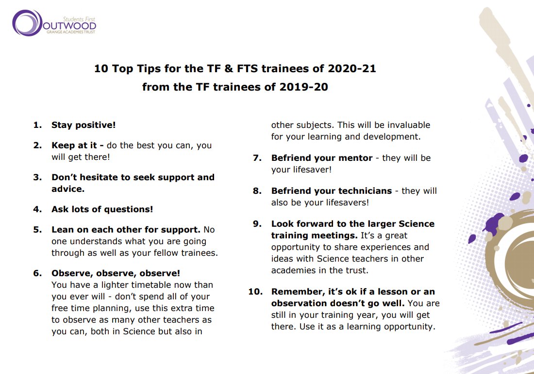 Mrs_McGhie's tweet photo. It has been great meeting our new Science @TeachFirst trainees this week for their first School Induction sessions.
Today they met our current TF who had these invaluable 'Top Tips' to share with them 👏

#OutwoodFamily #OutwoodScience #TFSI2020 @OutwoodIE @OGATrust @OgatD https://t.co/UH7mb2qSst