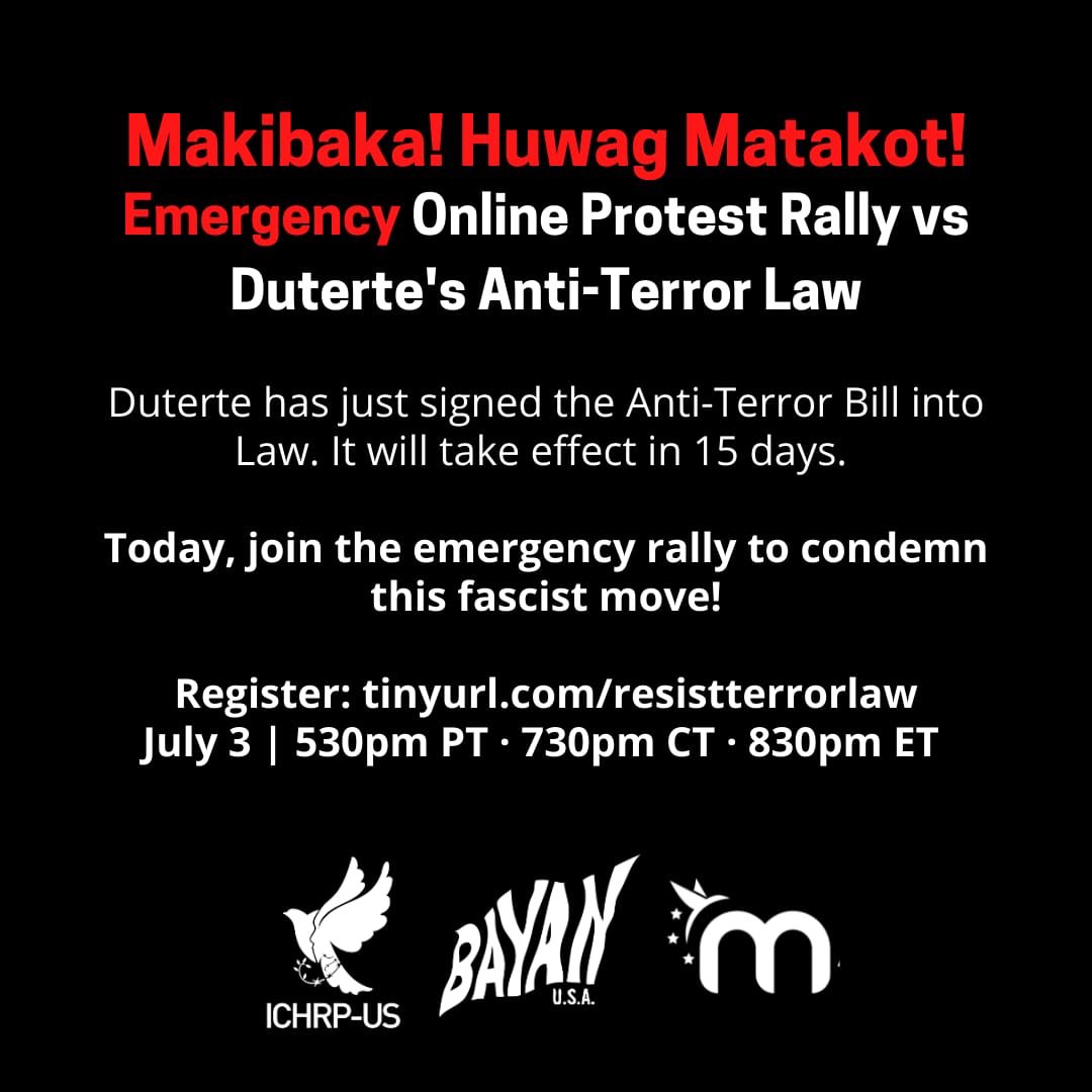 FoodJusticeJon's tweet photo. This morning I woke up and learned that Duterte has signed the Anti-Terror Bill into law. My spirit is heavy with grief but I know that now is the time to use our collective power and FIGHT for what is right. Come this evening as I join @NYCHRP and @ichrpus for an emergency rally https://t.co/inw9hgkV6q
