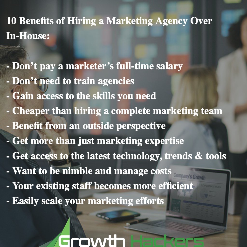 10 Benefits of Hiring a #MarketingAgency Over In-House:
- Don’t pay a #marketer’s full-time salary
- Don’t need to train #agencies
- Cheaper than #hiring a complete #marketing team
- Get access to the latest #technology, trends &amp; tools
- ...

#DigitalMarketingAgency