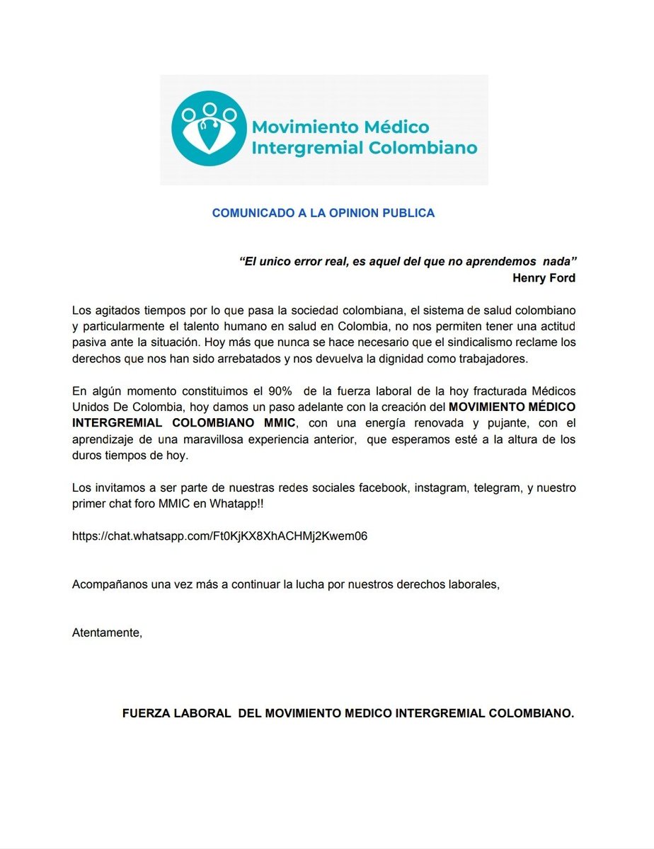 movimedicointe's tweet photo. @movimedicointe somos el 90% de la fuerza laboral de lo que antes era MUC queremos continuar con nuestro compromiso con el #Gremiodelasalud no podemos ser pasivos ante #Covid_19 y menos ante la #muertedeltalentohumanoensalud #Unetenos https://t.co/wGuFexwKs7