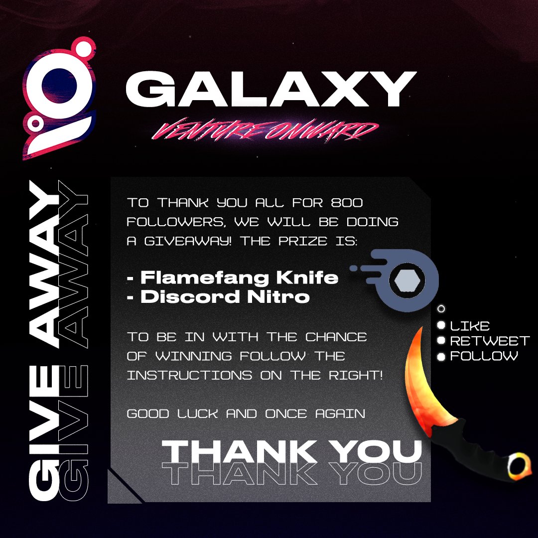 To thank you all for 800 followers, we're giving away:
1x Flamefang knife
1x Discord Nitro (sponsored by <a href="/Lxckless/">Lxckless</a>).

There will be 2 winners picked and the winners will be chosen on 8th of July. 

Like and retweet this post and follow us to participate. 

Good luck!