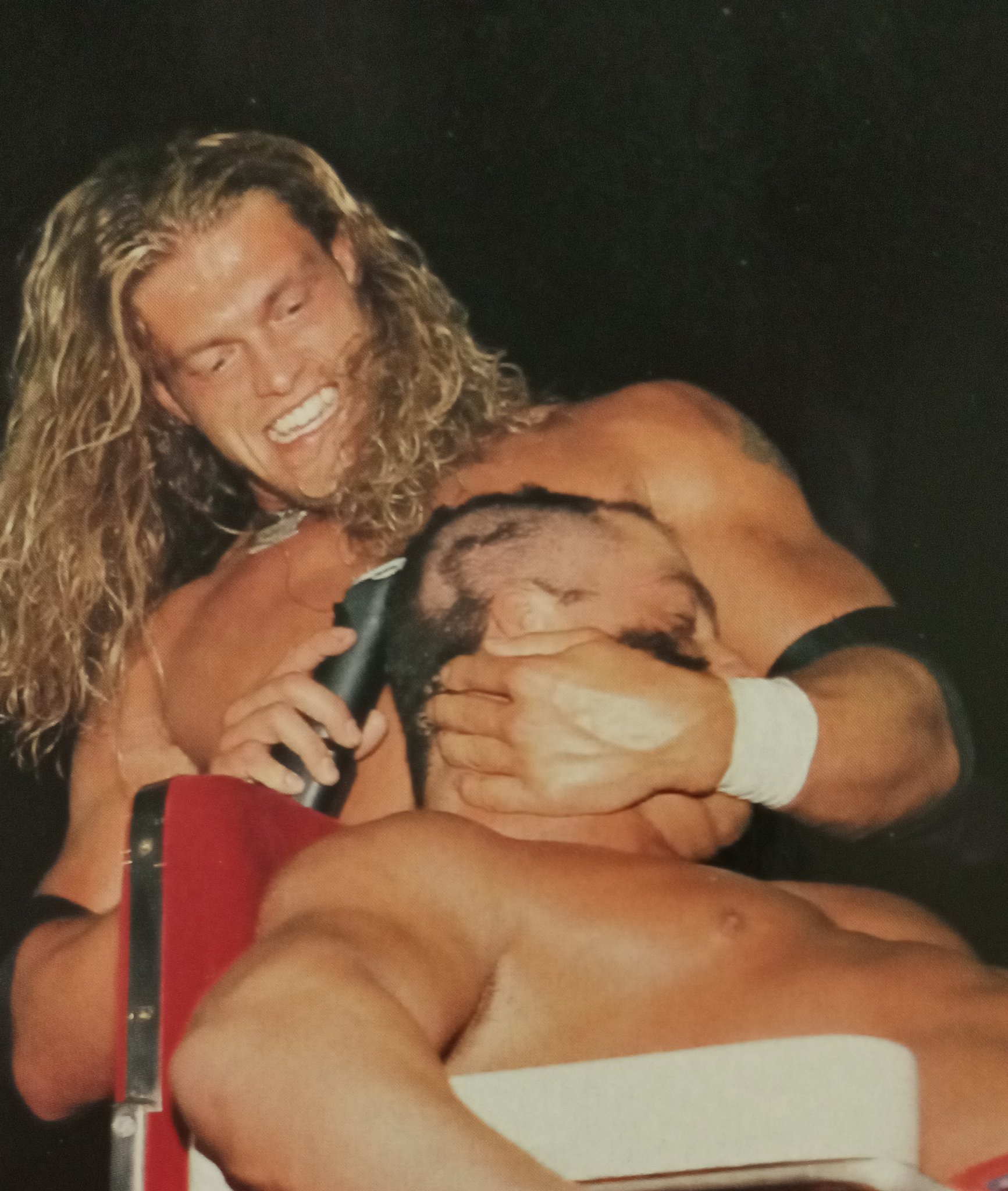 Rasslin' History 101 on X: "Edge shaves the head of Kurt Angle after  winning their Hair vs Hair match at Judgement Day 2002.Angle would resort  to wearing a hairpiece,which was held to