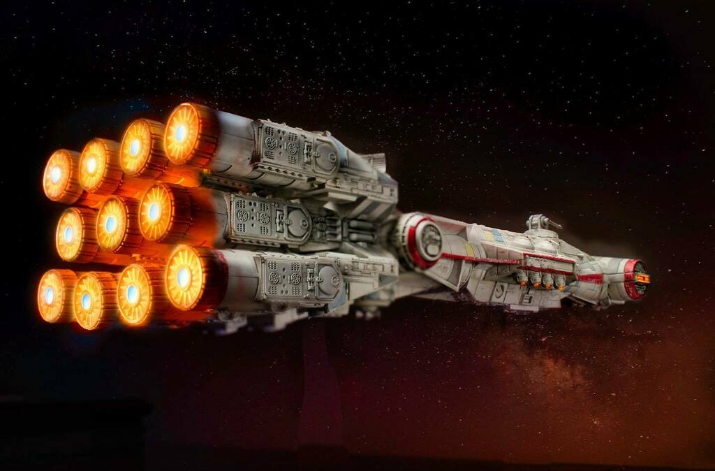 owenlawrence's tweet photo. Tantiv IV from the @fantasyflightgames Star Wars X-wing game. My second attempt to stack layers of different lighting with photoshop. I used different color gels on my flash and made multiple exposures. I blended them together in post.
.
.
.
#starwars #toyphotography #offcโฆ https://t.co/x7jn1JZPf4