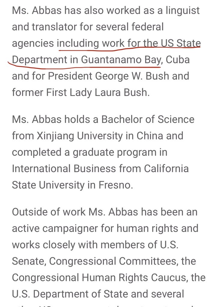 Then  @AP quotes Rushan Abbas who has “extensive experience working with US gov agencies, including Homeland Security, Department of Defense, Department of State...and various US intelligence agencies” Oh, she also worked for interrogators at Guantanamo Bay  https://web.archive.org/web/20181207031224/https://www.isi-consultants.com/rushan-abbas/