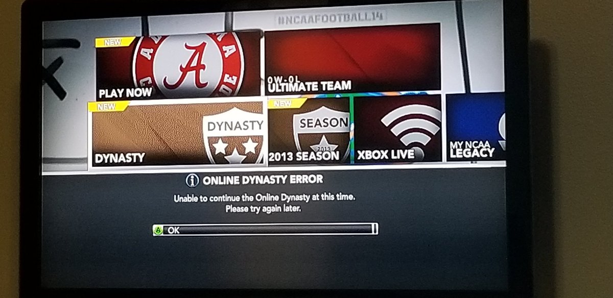 THEARCOG1's tweet photo. @EAHelp Experiencing issues with NCAA 14 online dynasty servers agian. Will not load Online Dynasties. https://t.co/Q1P0jkXwfn