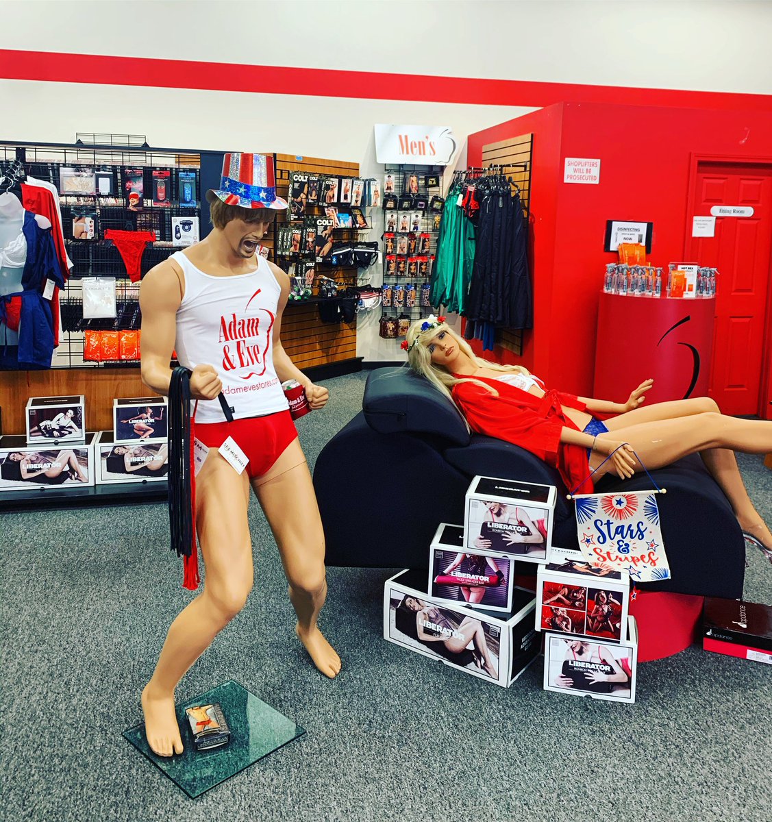 AdameveMA's tweet photo. Adam and Eve are ready for the 4th of July. Are you?  Make your own fireworks tonight in bed! 🎇 We are closed tomorrow. So come in today! 💥 https://t.co/SgqSPlLojj