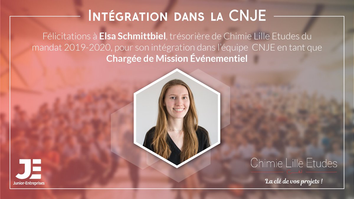 Chimie Lille Etudes (@cle_lille) on Twitter photo 🗝 Voici une grande nouvelle pour CLE ! Une ancienne membre, Elsa Schmittbiel, a intégré la #CNJE en tant que Chargée de Mission Evènementiel ! 
Retrouvez son interview sur notre page Facebook 🎉
#WEAREJE 🗝 Voici une grande nouvelle pour CLE ! Une ancienne membre, Elsa Schmittbiel, a intégré la #CNJE en tant que Chargée de Mission Evènementiel ! 
Retrouvez son interview sur notre page Facebook 🎉
#WEAREJE
