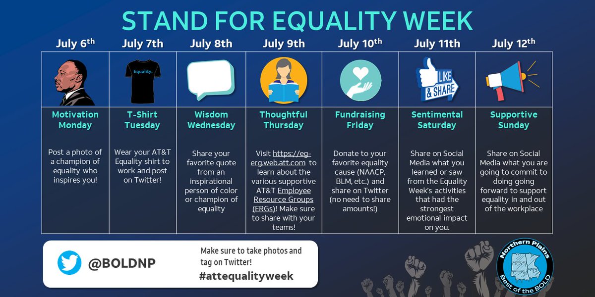 Join us and Stand For #Equality! Next week we will recognize those that have fought for equality, celebrate their advancements and reflect on the path forward. 

Which champion of equality inspires you? Let us know on Monday, July 6th, using #ATTEqualityWeek and tag <a href="/BOLDNP/">BOLD Northern Plains</a>.