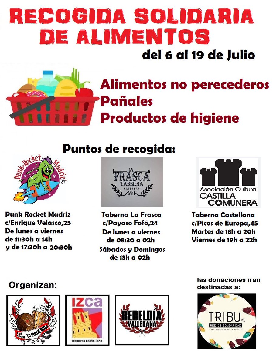 PR_LMV's tweet photo. Recogida solidaria de alimentos📢
Puntos de recogida:
📍Punk rocket madriz shop
📍Taberna la Frasca
📍@TaberCastellana 
Las donaciones irán destinadas a @SomosTribuVK 
Colabora: @RebeldiaVK , @IzcaNacional y @PR_LMV https://t.co/Ah4dbMKEgn