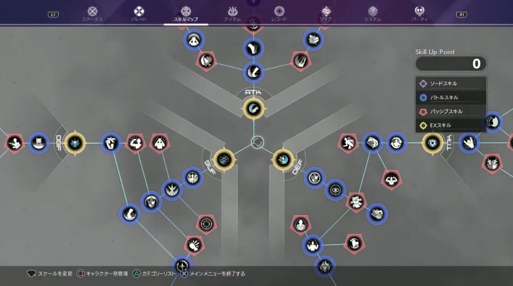 Next up is the "skill map" (skill trees). Skill trees begin with Extra Skills (icons with yellow circle borders) Attacker, Buffer, and Defender. Further Extra Skills are unlocked by following the respective skill tree. E.g., Buffer can lead to Debuffer or Effector)