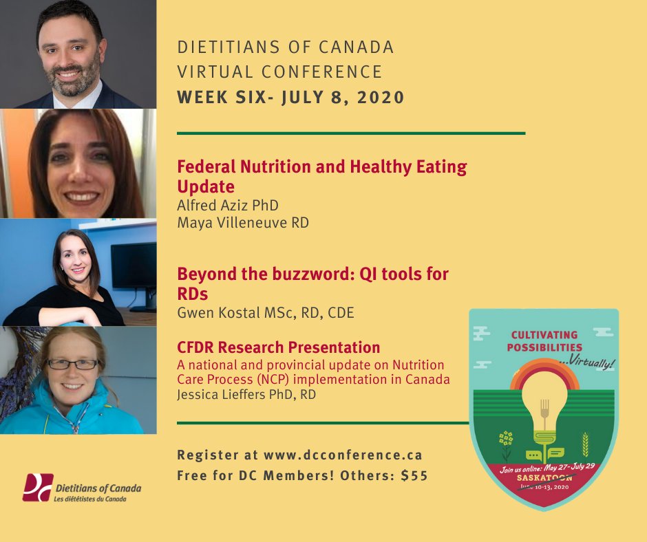 DietitiansCAN's tweet photo. Have you signed up for #VirtualDietitianConf2020 week 6? 
Don't miss the always popular Health Canada update as well as Gwen Kostal's talk on QI, featured on the Behind the Bio Podcast! 
Free for DC Members, $55 for anyone else who would like to come!
https://t.co/yEdnCmVTiF https://t.co/JPsXrjQ14U