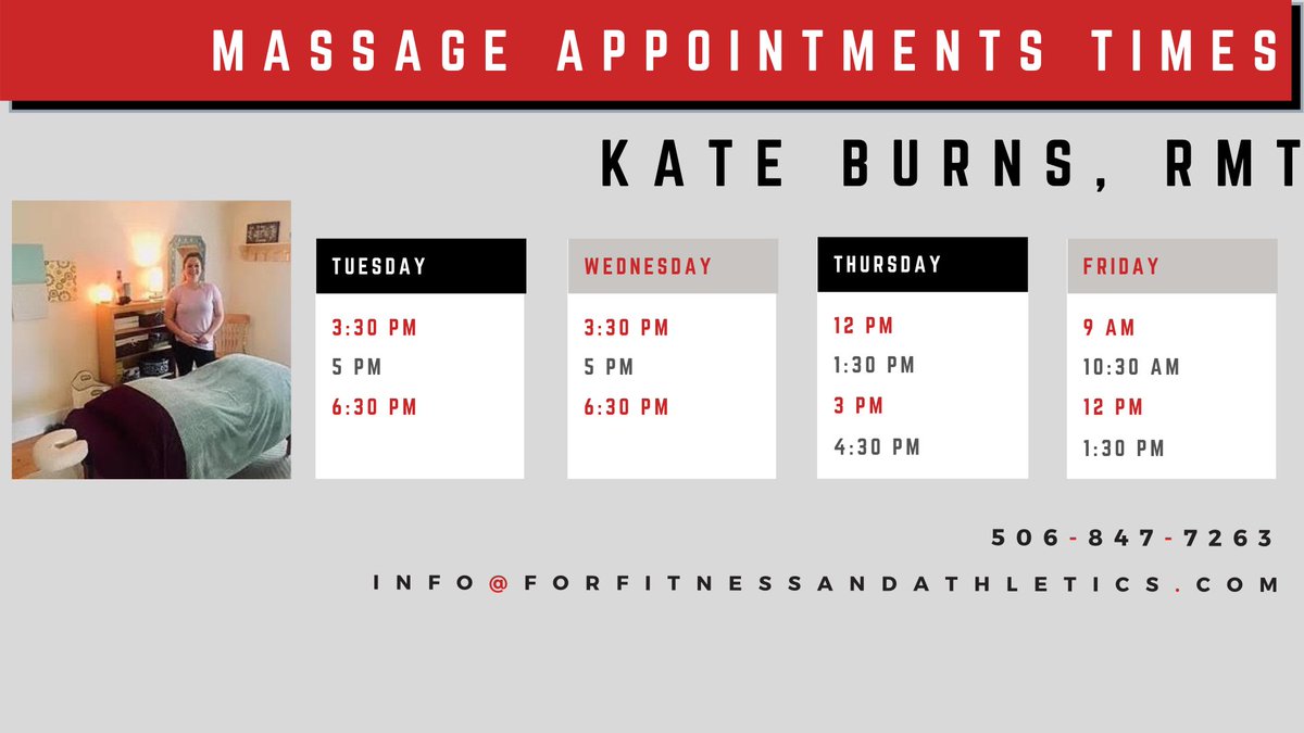 ForfitnessA's tweet photo. Need a massage?  Kate is booking appointments Tuesday through Friday, with morning, afternoon, or evening options available!  Call or email to book!

506-847-7263 
info@forfitnessandathletics.com
#forfitness #massage https://t.co/YsHs31rkAN