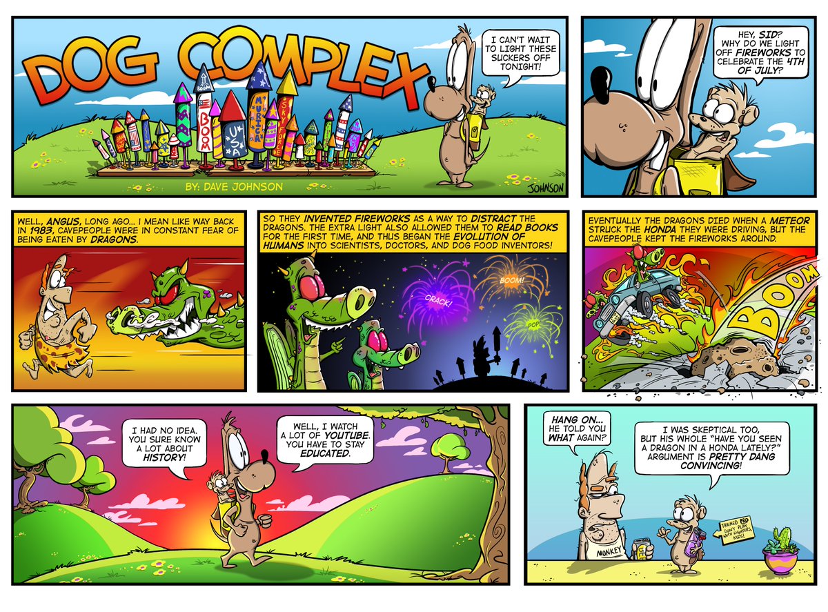 dogcomplexcomic's tweet image. If you celebrate the 4th of July, please have fun and be safe! Even if you don't, I hope you enjoy today's MEGA-SIZED Dog Complex! #webcomics #comicstrips #fireworks #dragons #honda