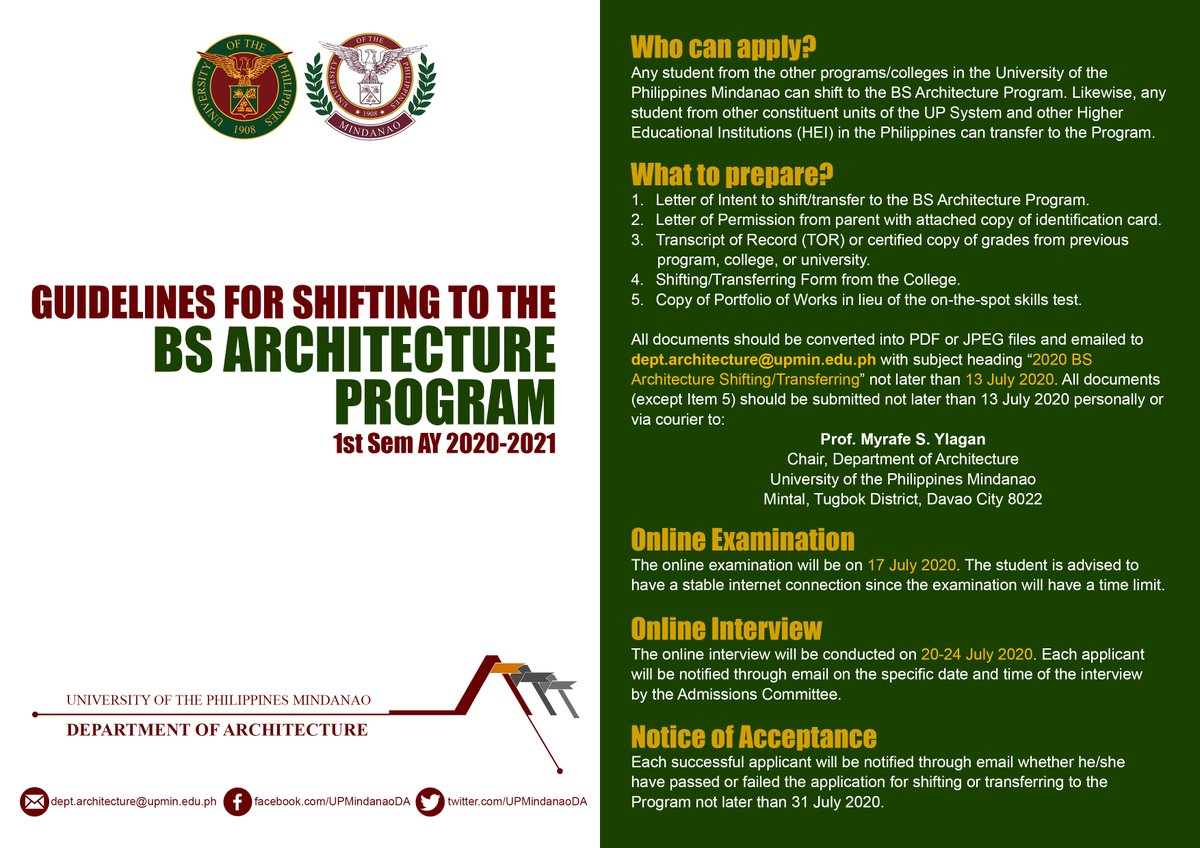 UPMindanaoDA's tweet photo. GUIDELINES FOR SHIFTING TO THE BS ARCHITECTURE PROGRAM 1st Sem AY 2020-2021 https://t.co/k4yCPen74f