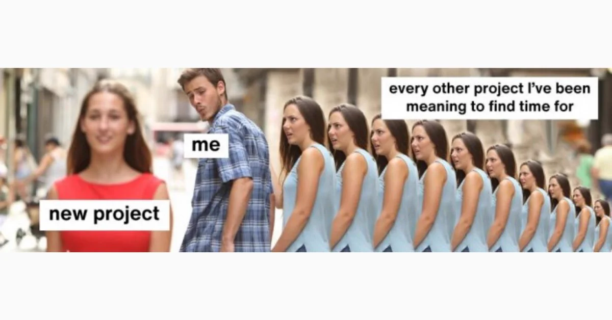A meme image of a man looking away from his girlfriend to look at another woman on the street. The image of the girlfriend is duplicated.