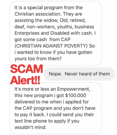 Watch out for fake social media messages. CAP is NOT giving away $100K grants.  We are a Christian Charity that empowers people to eliminate debt; a non-profit that offers this service for FREE. No registration fee or sign-up costs.  #watchforfraud #phishing #scam