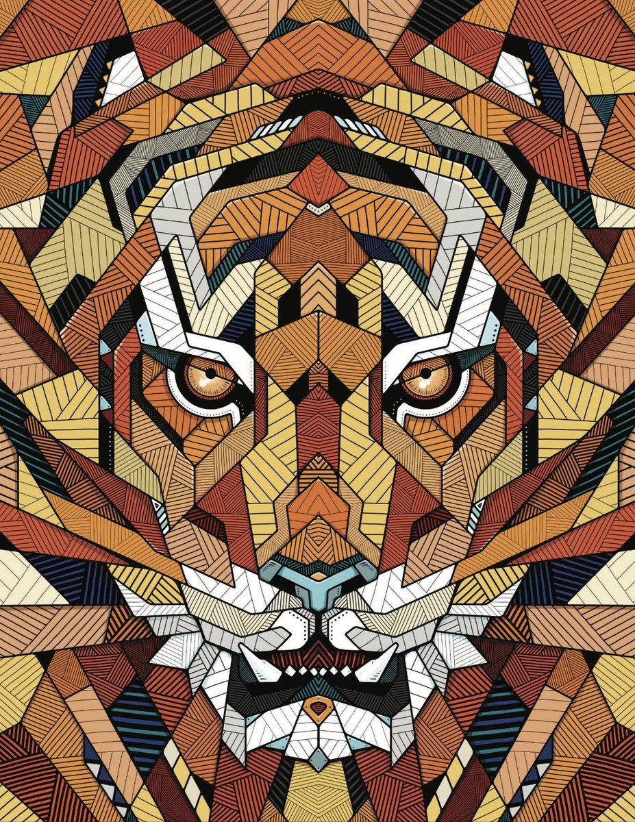 Various sharp black, orange, light brown, dark brown, white, navy, and red shapes and angles make a powerful tiger figure, making direct eye contact with the viewer.