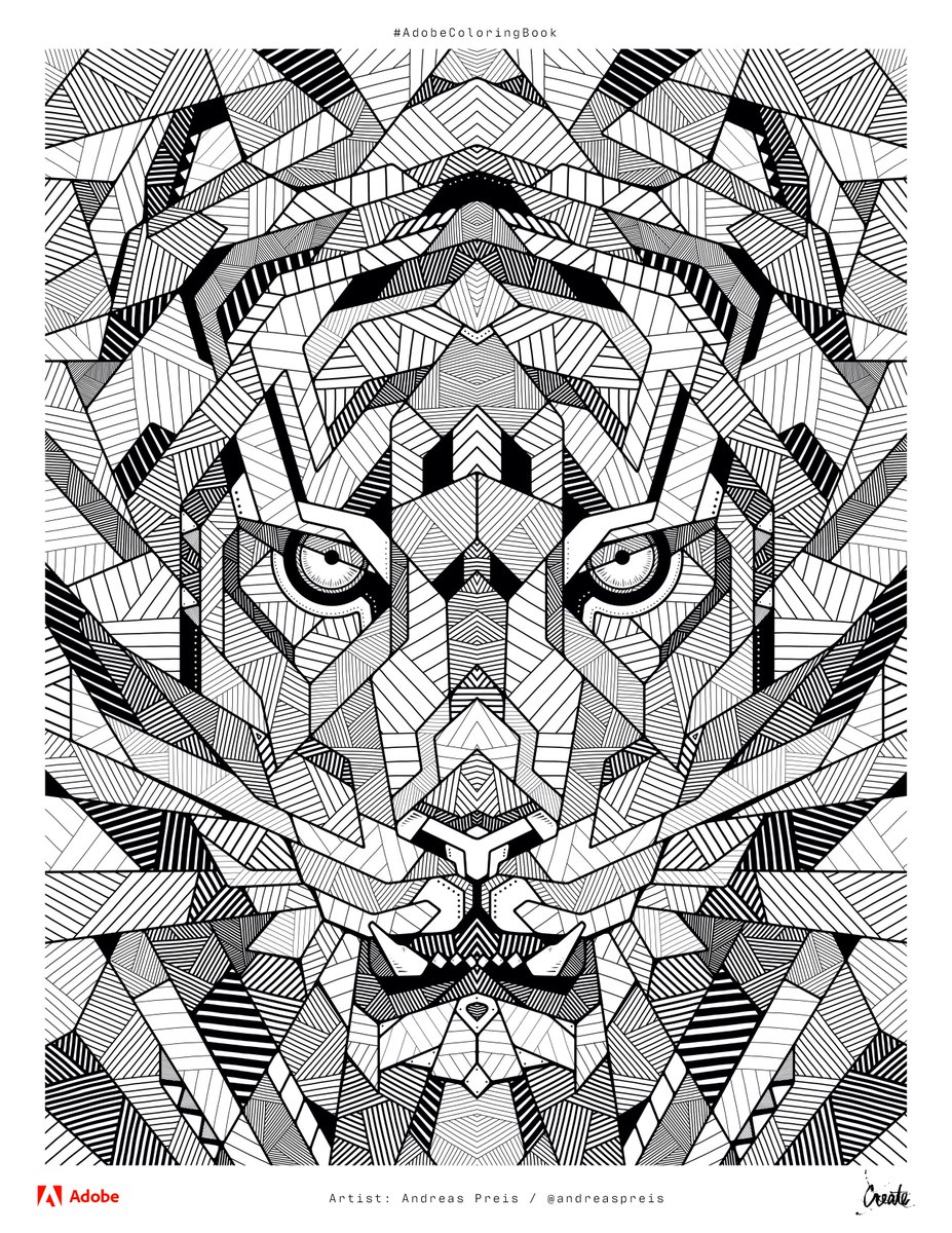Various sharp black, grey and white shapes and angles make a powerful tiger figure, making direct eye contact with the viewer.