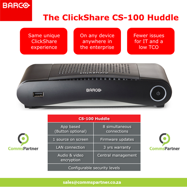 Commspartner's tweet photo. Need spontaneous collaboration in meeting spaces? With the Barco CS-100 Huddle users can simply share what’s on their laptop or mobile device, on the display screen. No cables, no set-up, no buttons required. Contact CommsPartner for further information https://t.co/g0YtqkuyaS https://t.co/Xy7fC7vJes
