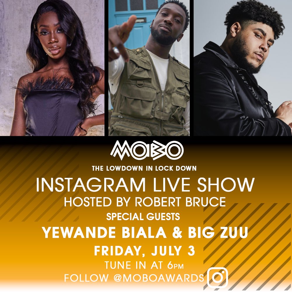 MOBOAwards's tweet photo. WE’RE LIVE‼️

Join us on IG Live for a brand new episode of #LowdownInLockdown with @yewande_biala and @ItsBigZuu! Hosted by @RobBruceK 😜

Head over to our IG page to tune in and submit your questions for each guest too. https://t.co/MVbVfEyu13 https://t.co/pyGsnJLjzI