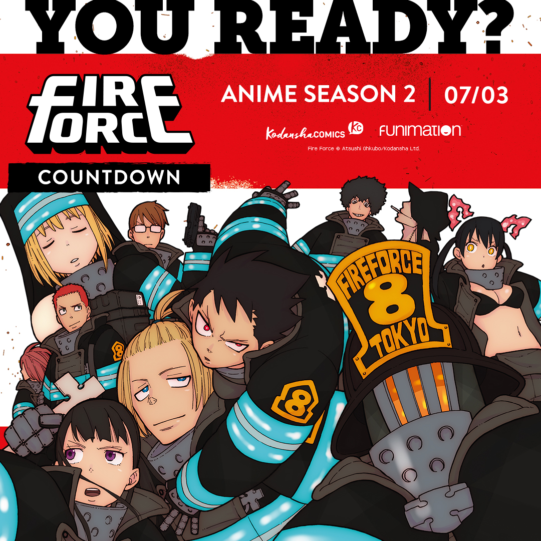 KodanshaManga's tweet photo. Ready or not, here we come! @FireForceAnime Season 2 is about to start at 12:55pm CT / 10:55am PT TODAY on @FUNimation & @Crunchyroll! 🔥
https://t.co/7aMf717PZQ
#FireForceCountdown https://t.co/iZ6mVc4cQQ