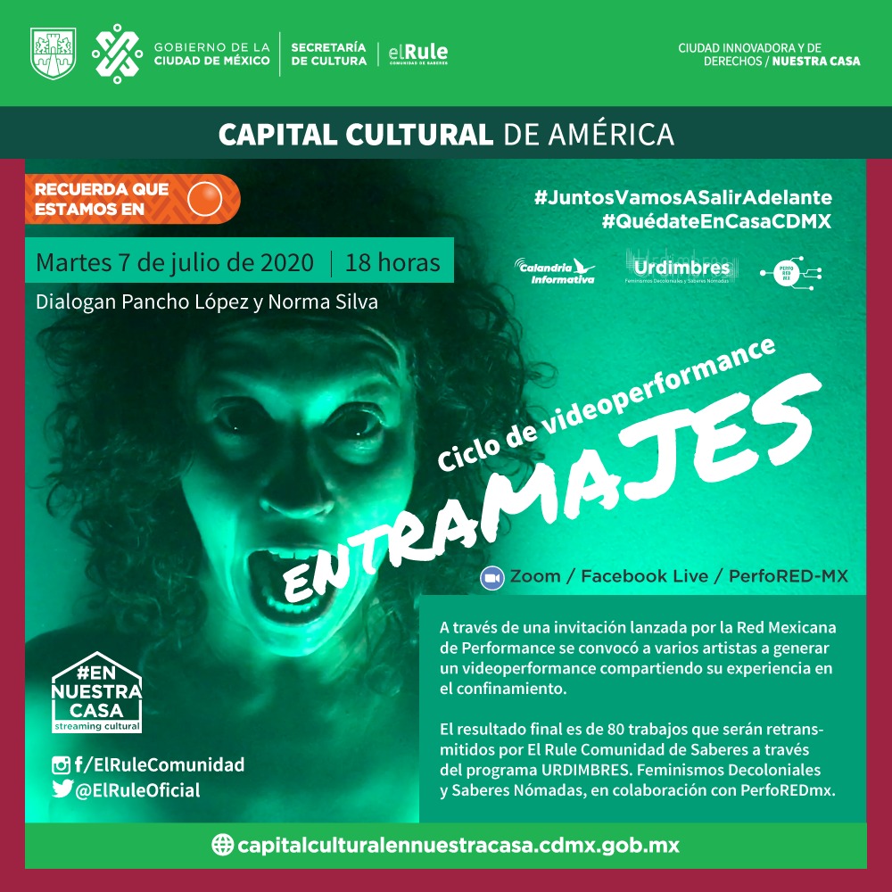 ElRuleOficial's tweet photo. ¡Prepárate!
Este #martes comienza"Entramajes" una experiencia videográfica donde, semana con semana, observarás 10 retransmisiones selectas de más de 80 trabajos de artistas performáticos.
Una actividad de #URDIMBRES y #PerfoRedMX
Via #FBLIVE
#performance https://t.co/zXq4dbKSuF