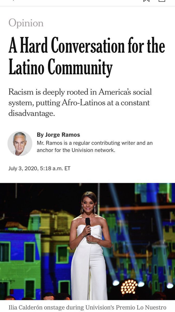 NatashaSAlford's tweet photo. With all due respect @nytimes— you couldn’t give this spot to a BLACK Latinx person to write about Afro-Latinxs and racism? Or Ilia Calderon herself who is coming out with an entire book about Afro-Latinx identity? https://t.co/3TLafJTw9B