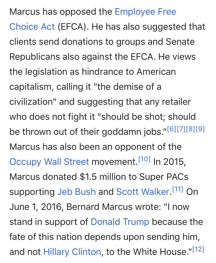 39/ BERNIE MARCUSCo-Founder of Home DepotSupported POTUS & donated to Trump in 2016 & 2020, despite boycottsCriticized Occupy Wall StreetSaid anyone who didn’t fight against EFCA (Union law) “should be shot”If he’s [them] he’s putting on a hell of an act 