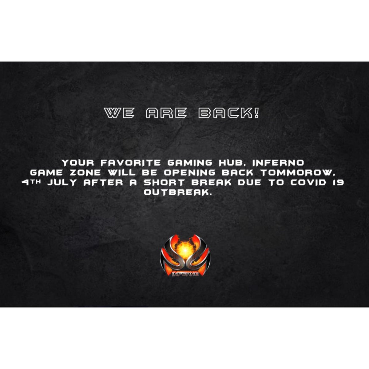 InfernoUAE's tweet photo. Your favourite Gaming Hub, Inferno Game Zone is Back after a short break due to #COVID19 outbreak

See you tomorrow!!!! https://t.co/cYMNntyptK